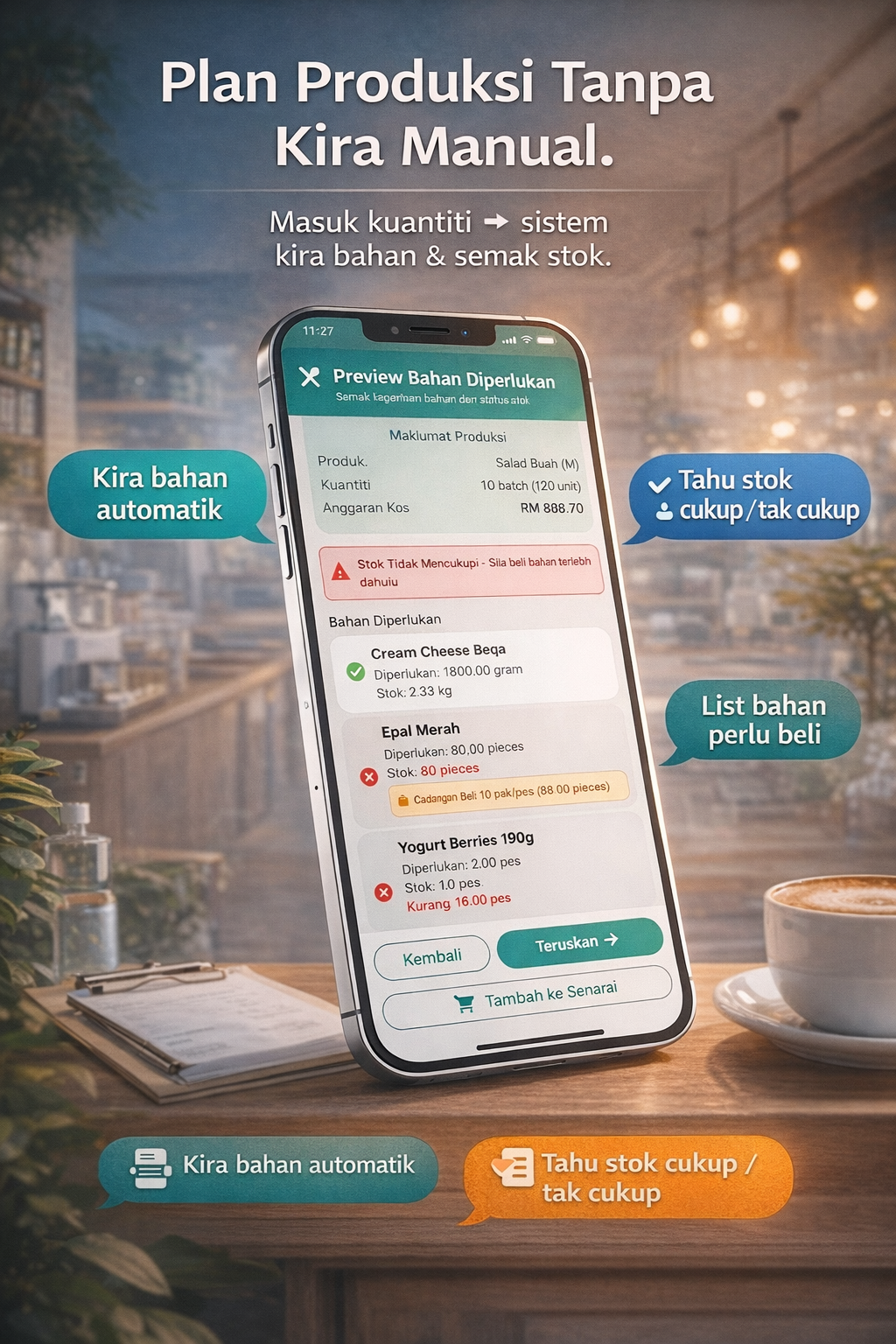 PocketBizz Production Module - Produksi automatik dengan kiraan bahan mentah, tolakan stok, dan tracking tarikh luput. Production planning yang pantas dan tersusun.