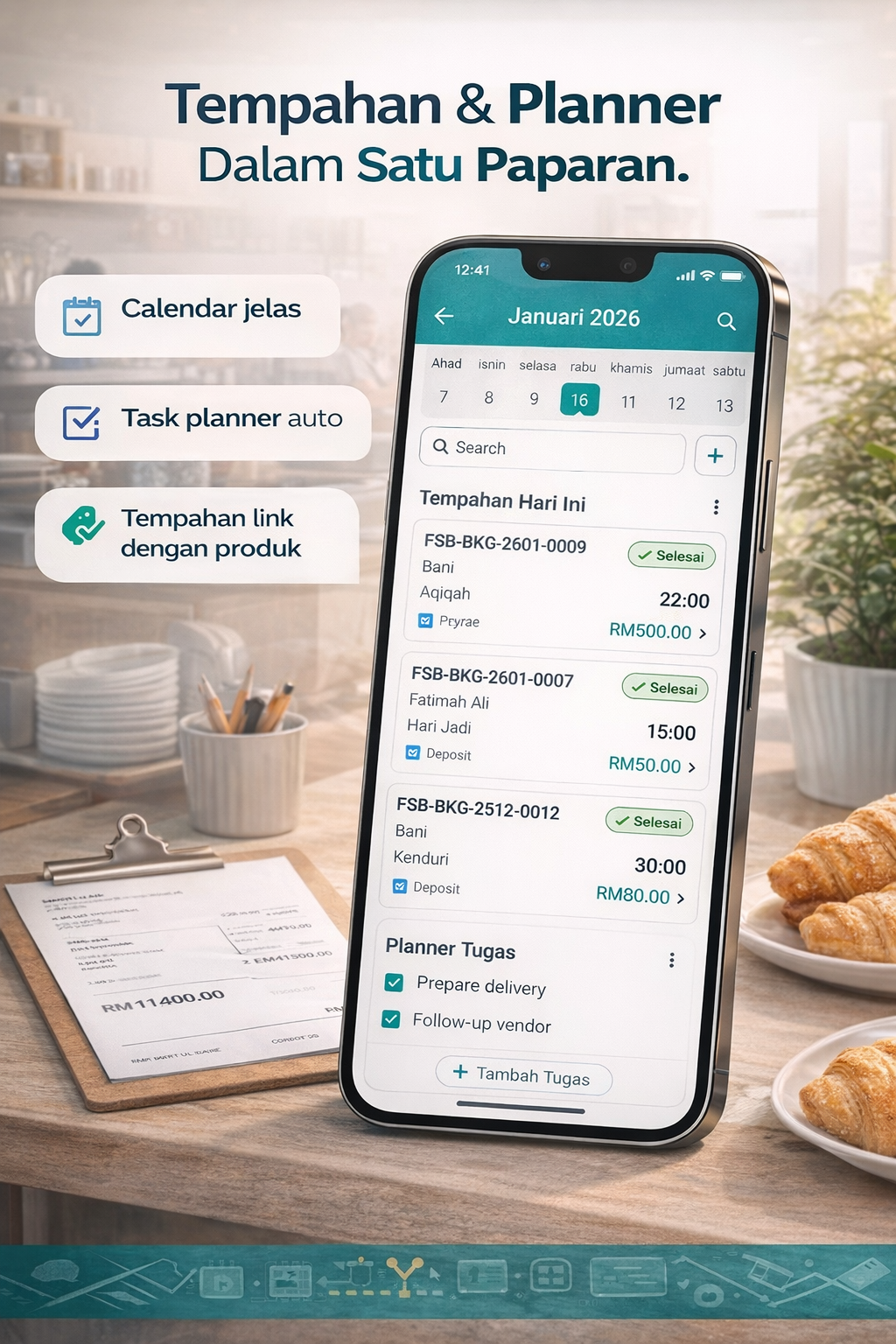 PocketBizz Booking & Planner - Sistem tempahan yang link terus dengan produk, invois dan resit dijana automatik, dan planner untuk tugasan dan peringatan. Operasi bisnes lengkap dalam satu sistem.