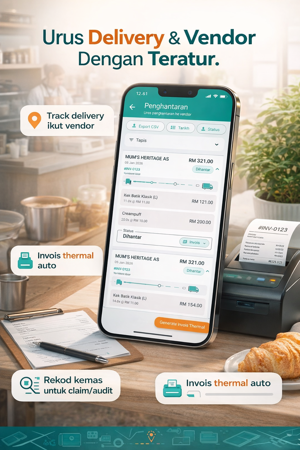 PocketBizz Delivery & Vendor Management - Rekod setiap penghantaran produk, track pergerakan produk, dan generate invois penghantaran secara automatik. Delivery management yang mudah dan teratur.