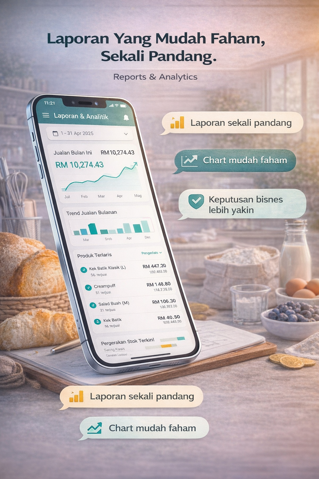 PocketBizz Reports & Dashboard - Laporan lengkap tanpa perlu Excel yang rumit. Lihat jualan, kos, untung, pergerakan stok, dan semua maklumat penting dalam format yang mudah difahami.