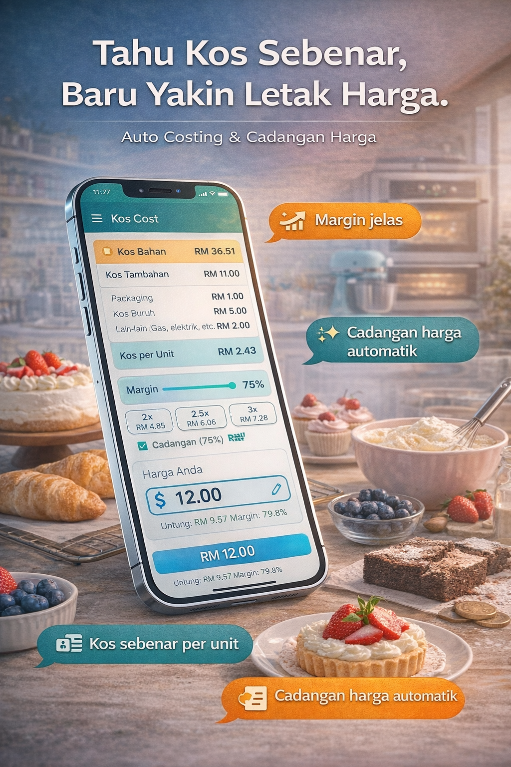 PocketBizz Cost Calculation - Kira kos produk secara automatik berdasarkan resepi, cadangan harga jualan, dan margin untung. Auto cost calculation yang tepat dan mudah.