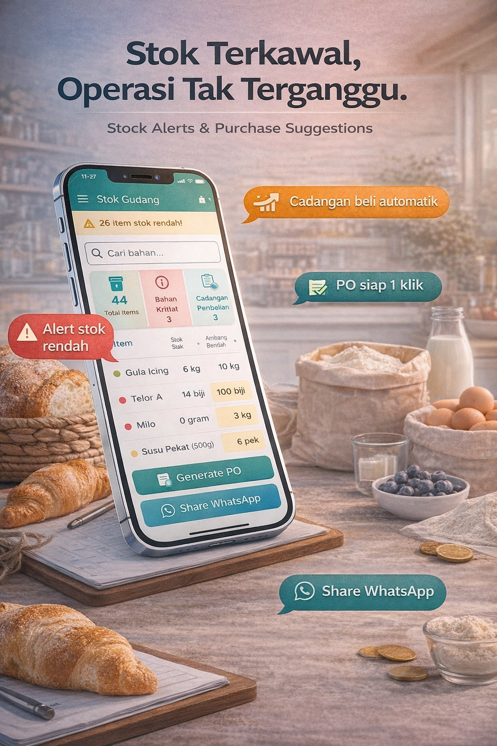 PocketBizz Stock Management - Alert automatik apabila stok rendah, cadangan bahan mentah yang perlu dibeli, dan senarai pembelian dijana secara automatik. Stock management yang terancang dan terkawal.
